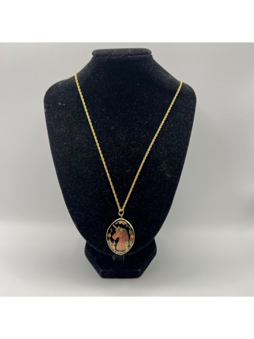 Vintage Unicorn Pendant Necklace Gold-Tone Cloisonne Black Double Sided Oval 23" - Picture 2 of 10